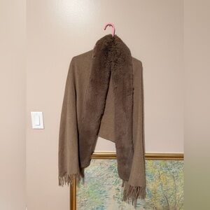 London Fog Faux Fur Collar Wrap Shawl Poncho Cape Brown One Size